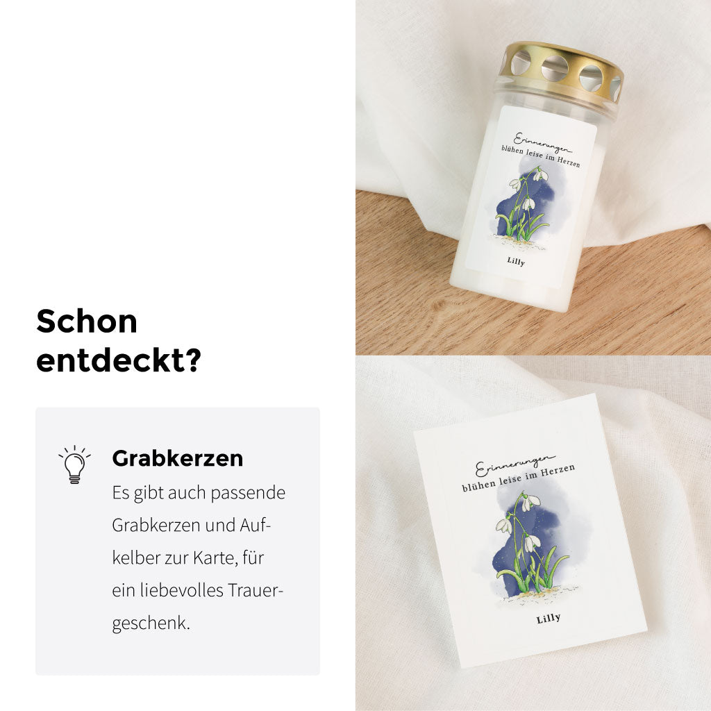 Passende Grabkerzen und einzelne Aufkleber sind im Shop erhältlich.