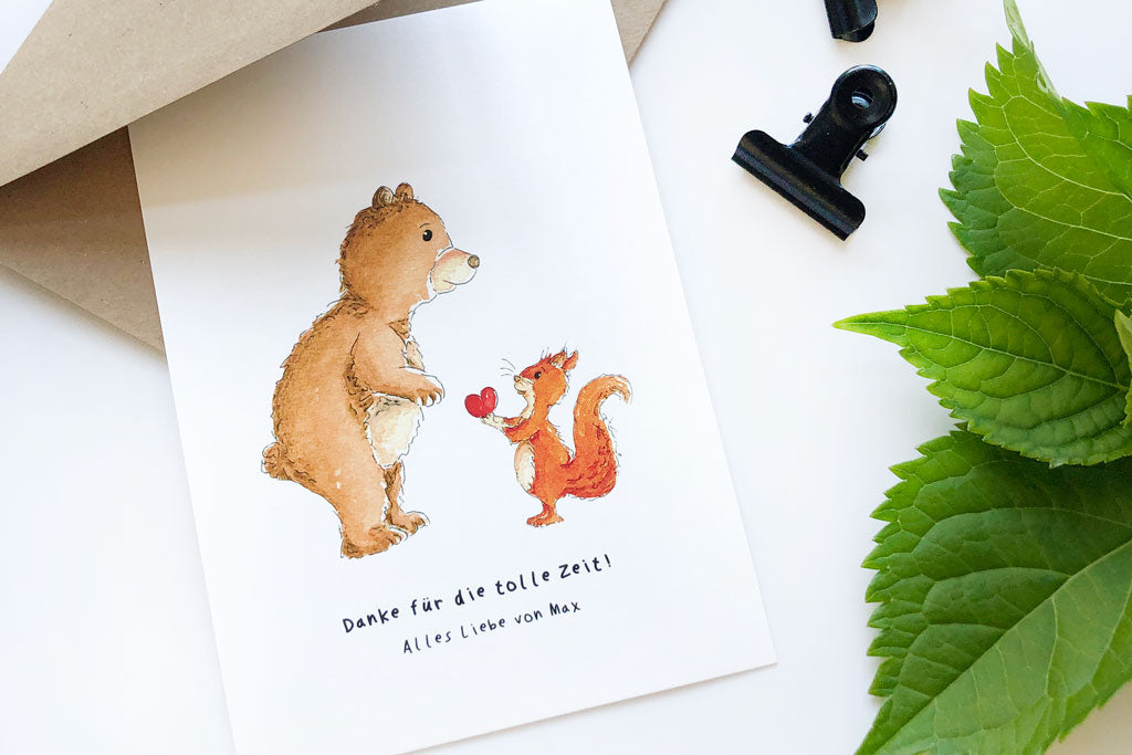 Grußkarte zum Kindergarten Abschied mit Bär und Eichhörnchen
