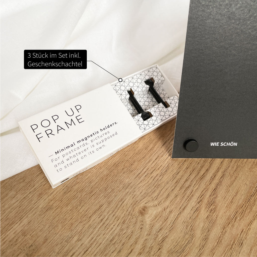 Geschenkschachtel mit Pop Up Frame Set: 3er Set magnetisch schwarz, Kartenhalter/Kartenständer als Fotohalter in einer Box.