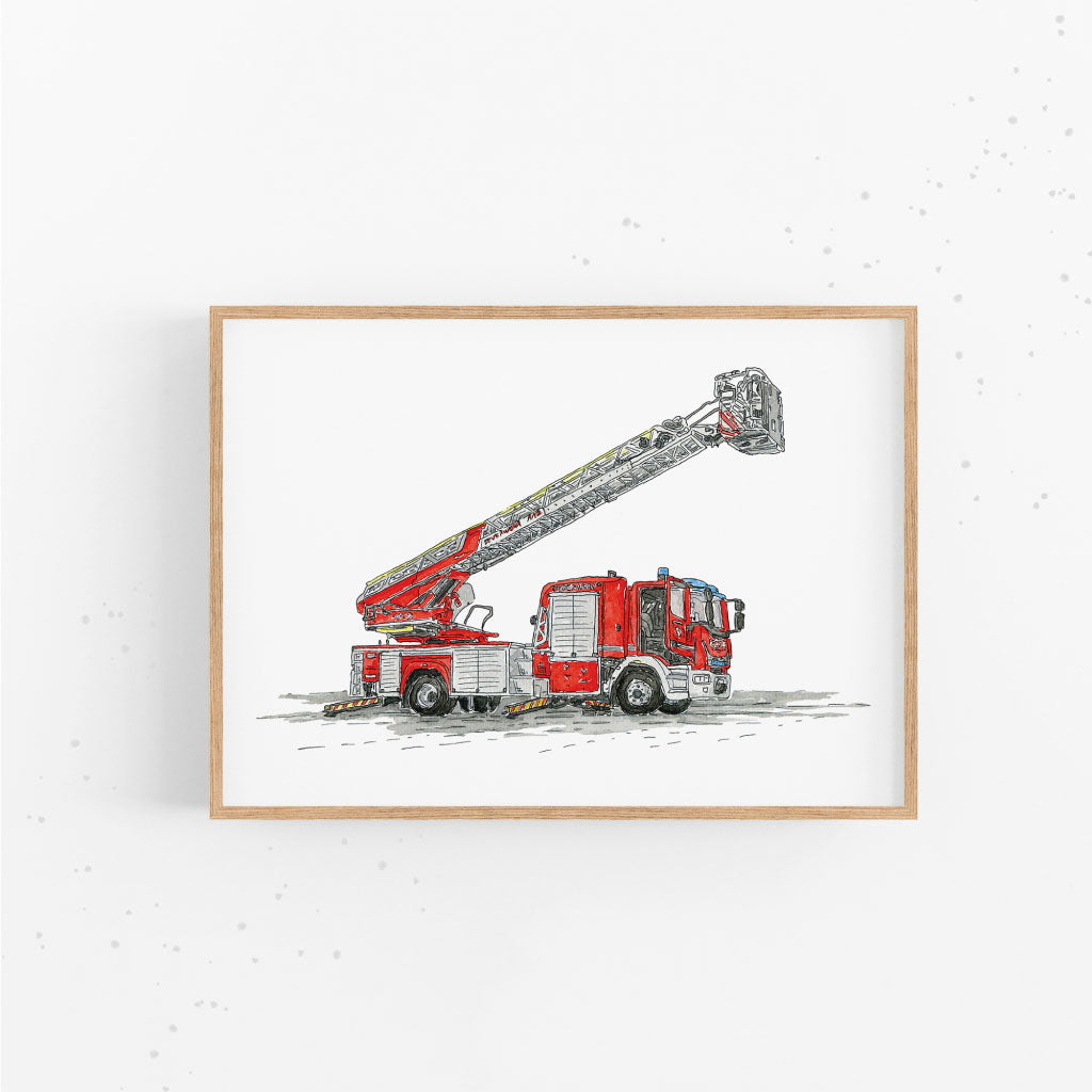 Poster mit handgenalter Feuerwehr mit Drehleiter