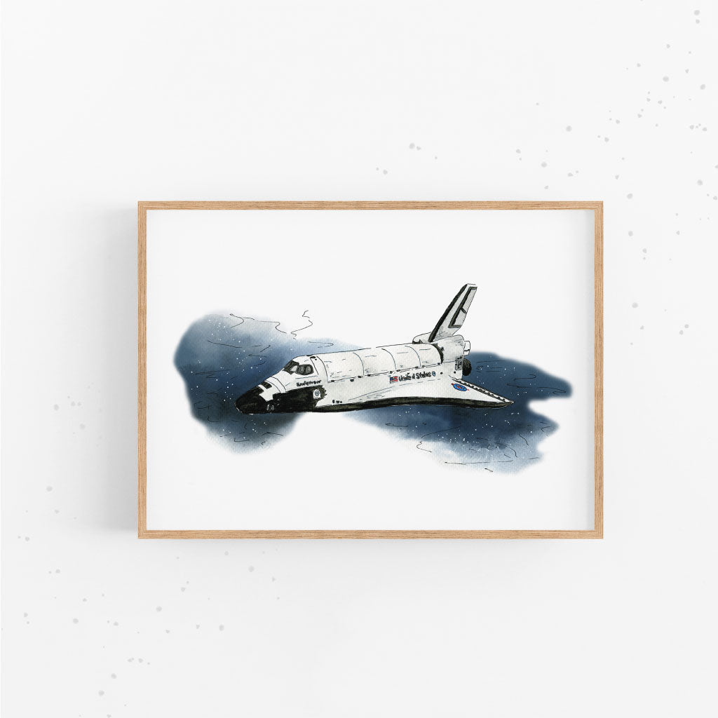 Poster mit handgenaltem Space Shuttle im Weltall