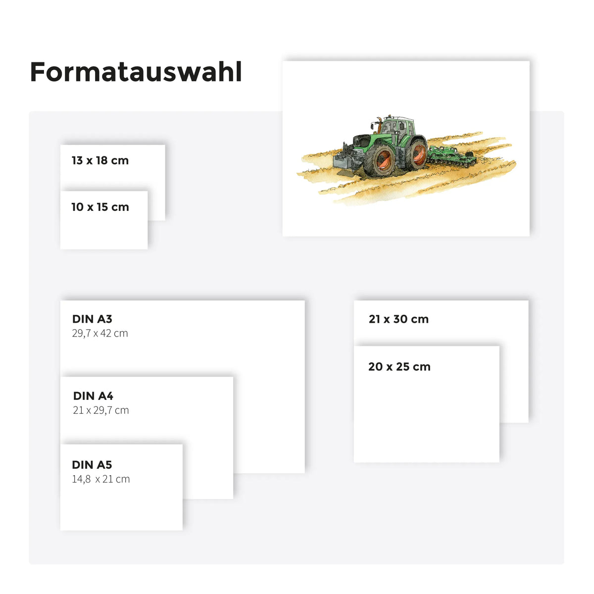 Formatauswahl Übersicht Fahrzeug Poster Aquarell Motiv grüner Traktor, Geschenk in verschiedenen Größen