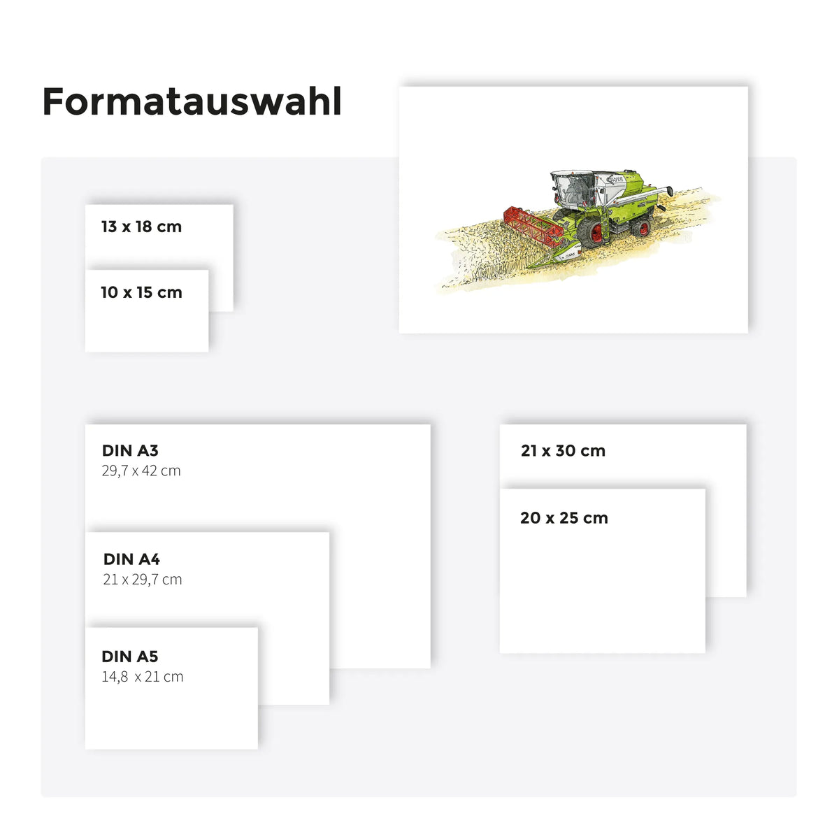 Formatübersicht Mähdrescher Poster handgemalt: erhältlich von DIN A5 bis DIN A3 sowie 10x15 bis 21x30 cm.
