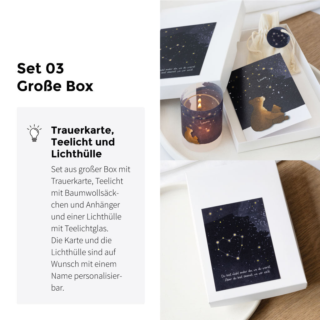 Set 03 enthält zusätzlich eine Lichthülle aus Transparentpapier und ein Teelicht Glas