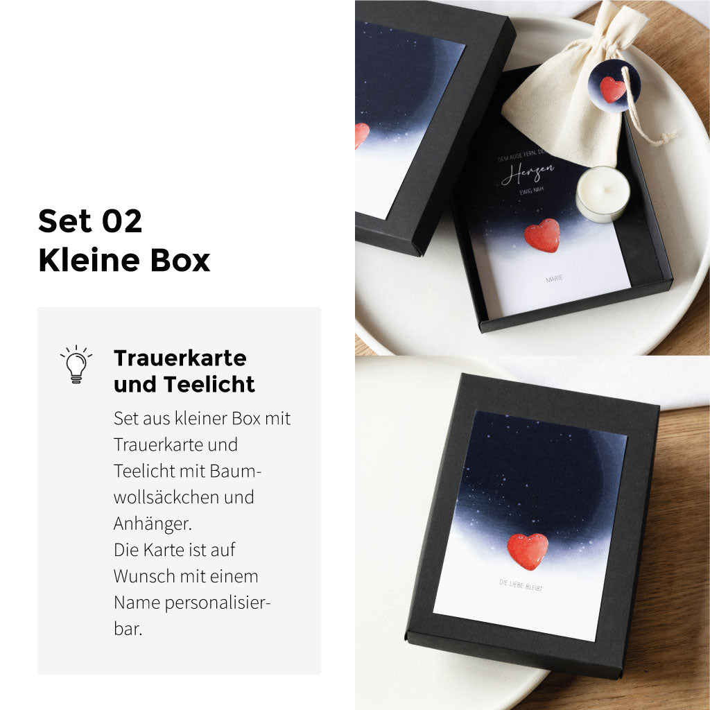Set 02: Set aus kleiner Box mit Trauerkarte und Teelicht mit Baumwollsäckchen und Anhänger