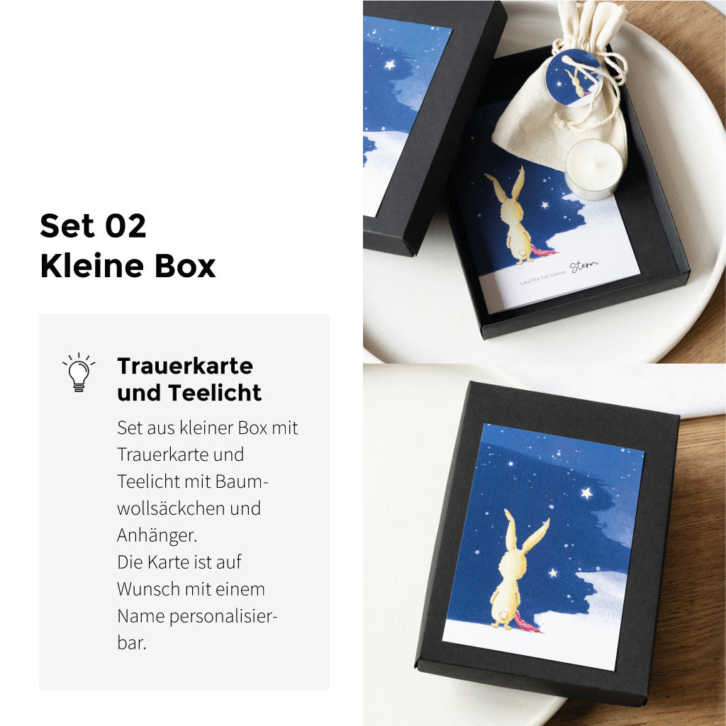 Mittleres Set mit Trauerkarte und Erinnerungslicht in Geschenkebeutel mit Anhänger