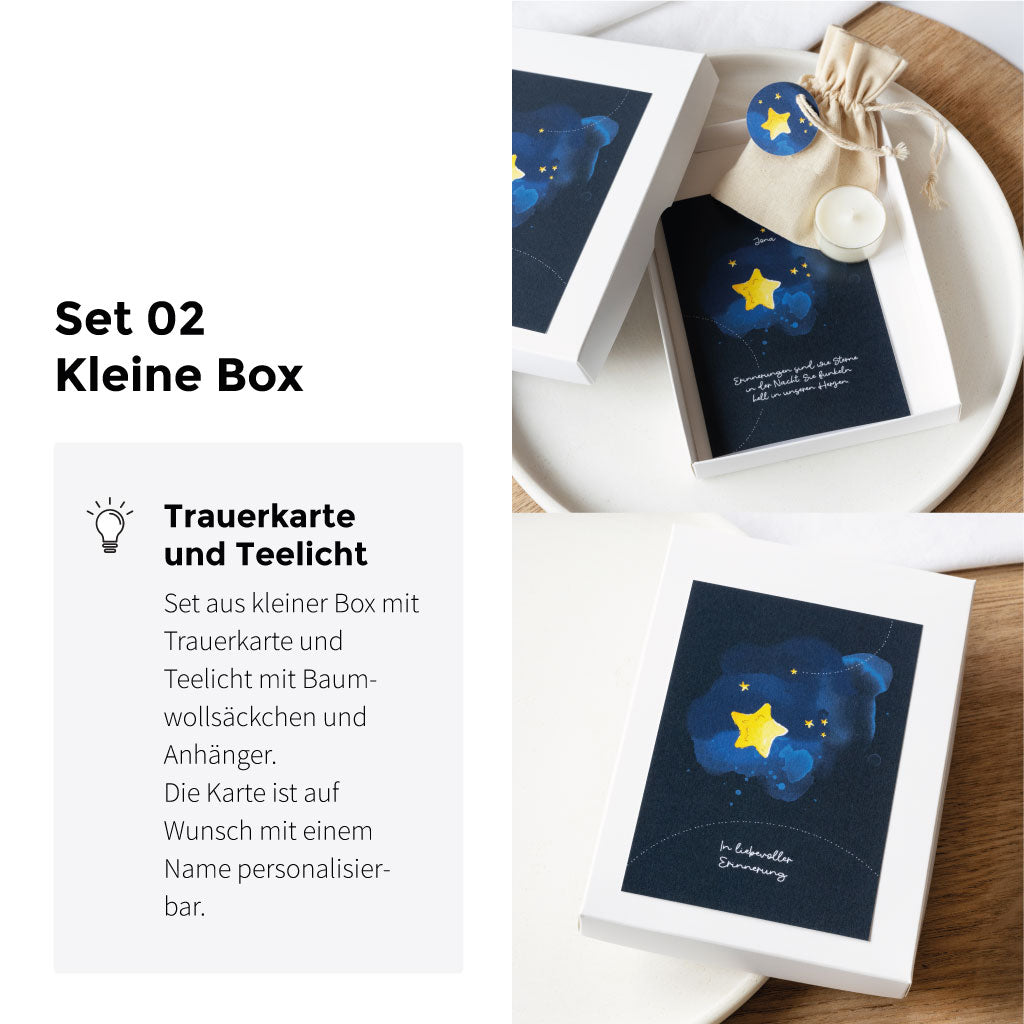 Set 02: Set aus kleiner Box mit Trauerkarte und Teelicht mit Baumwollsäckchen und Anhänger.