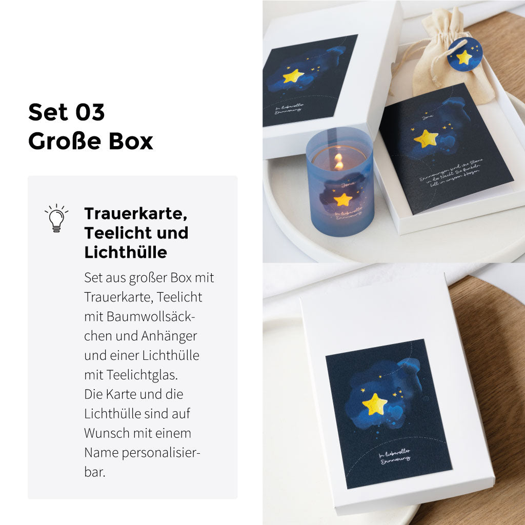 Set 03: Set aus großer Box mit Trauerkarte, Teelicht und Baumwollsäckchen und Anhänger und einer Lichthülle mit Teelichtglas