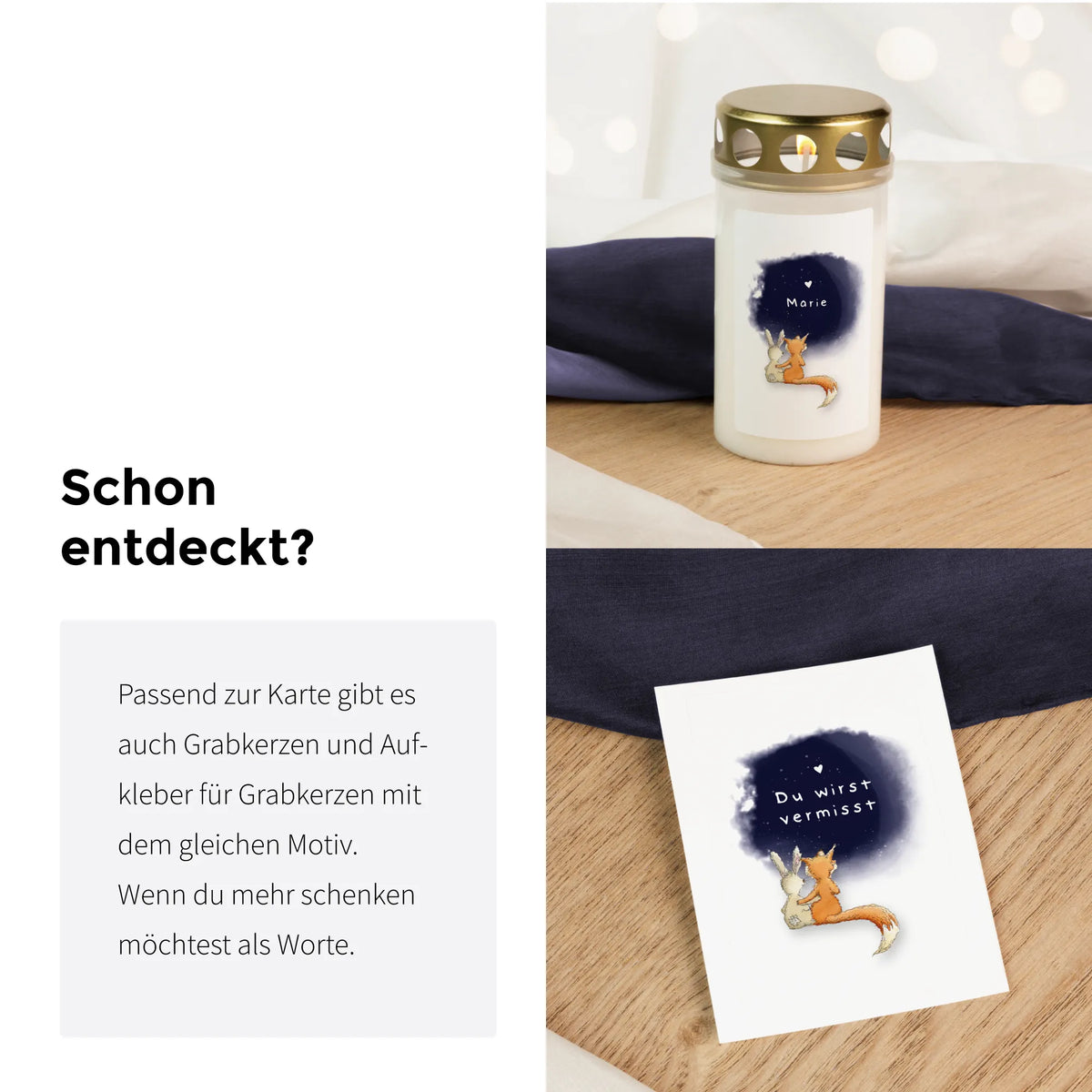 Trauergeschenk Set: Grabkerze und Trauerkarte mit handgemaltem Fuchs und Hase, passend als Trostgeschenk