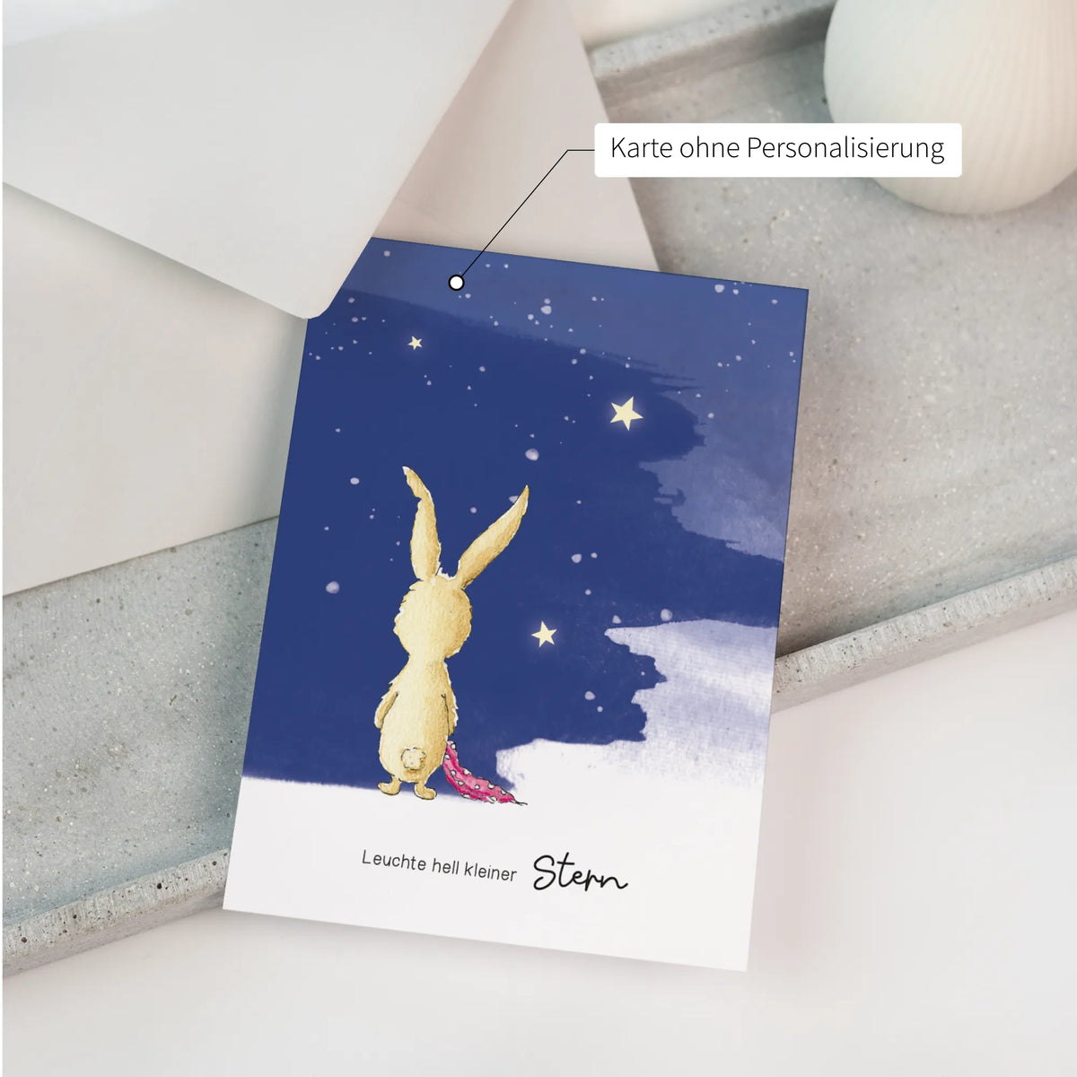 Trauerkarte ohne Personalisierung mit handgemaltem Hasen und Sternenhimmel, Aufschrift Leuchte hell kleiner Stern, als Trauergeschenk bei Kinderverlust
