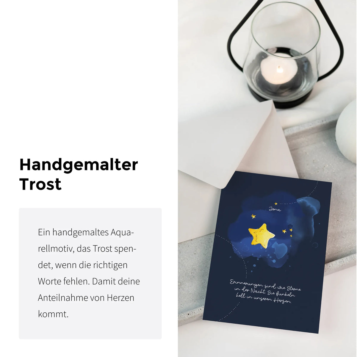 Infobild zur Trauerkarte für Sternenkinder mit handgemaltem Sternmotiv und Teelichtstimmung, Text Handgemalter Trost