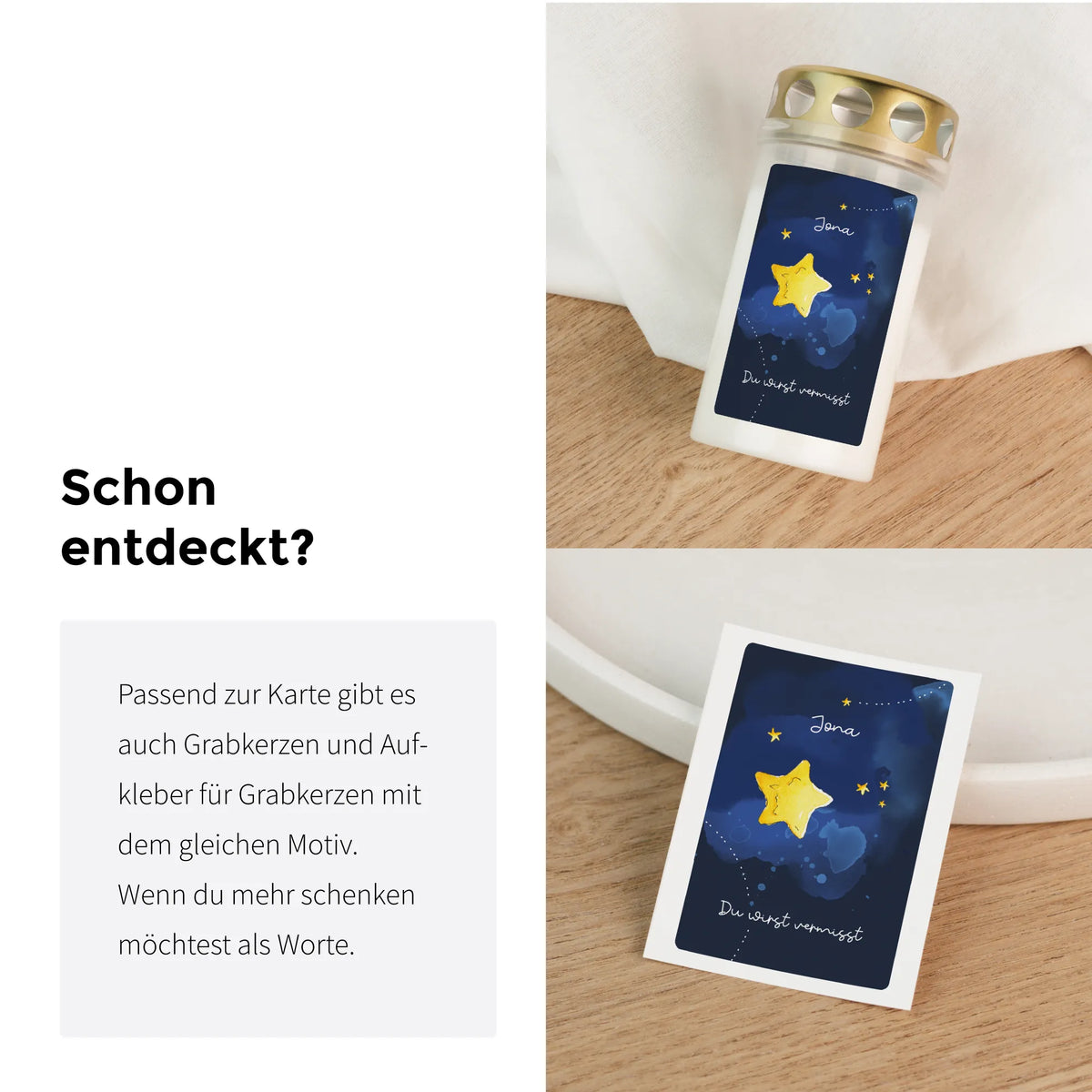 Grabkerze und Aufkleber als Trauergeschenk für Sternenkinder mit handgemaltem Sternmotiv passend zur Trauerkarte
