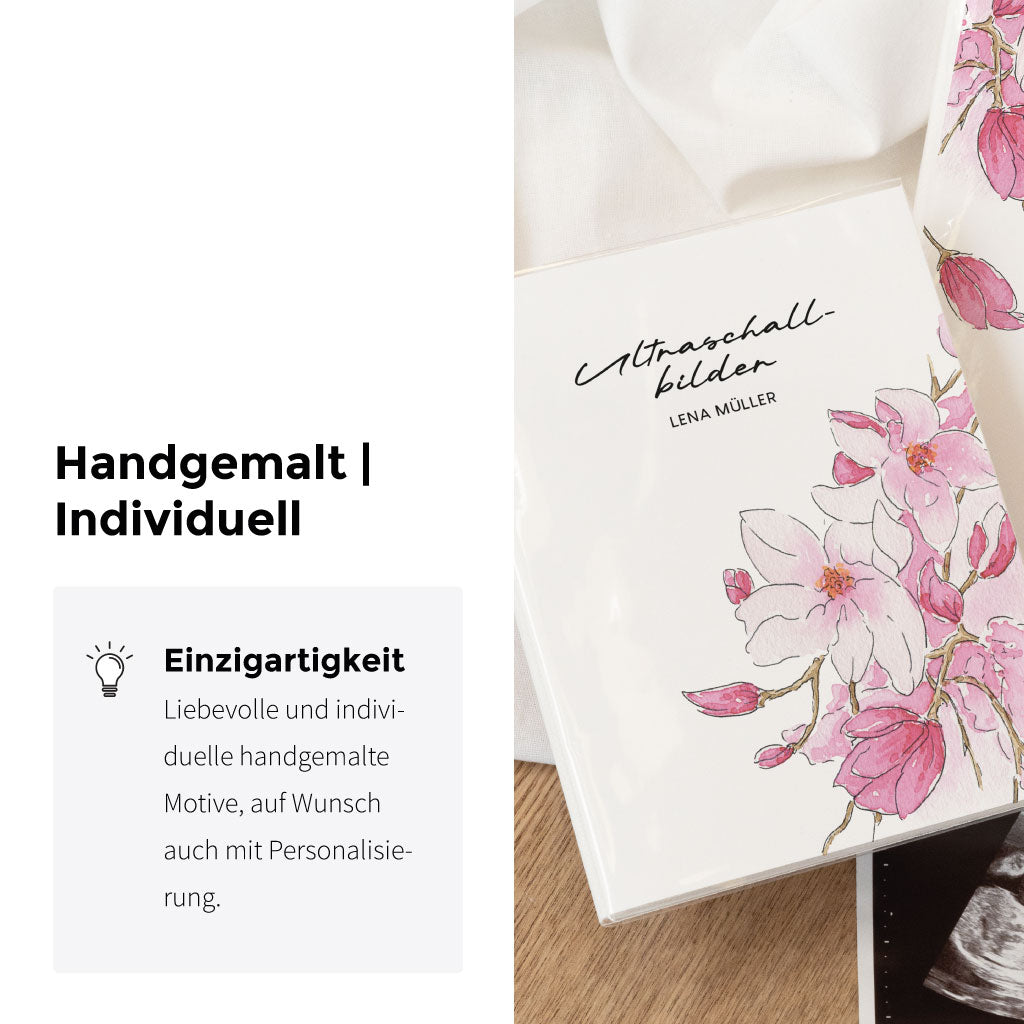 Handgemaltes Aquarell Motiv mit rosa Magnolien Blumen