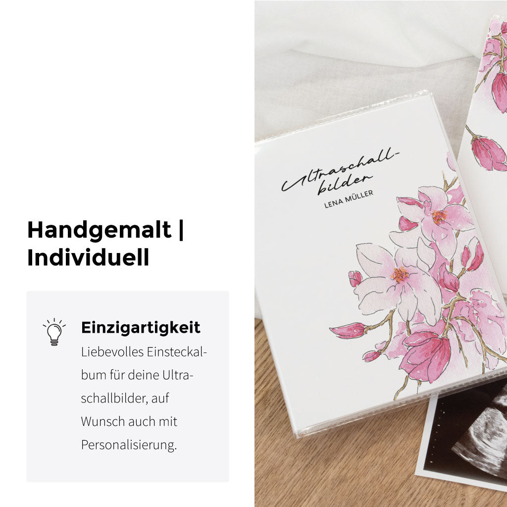 Handgemaltes Aquarell Motiv mit rosa Magnolien Blumen