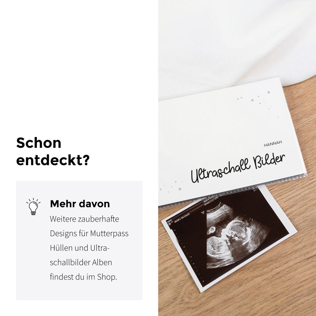 Infografik „Schon entdeckt?“: weiteres Design für Ultraschallbilder Aufbewahrung Album mit schwarz weißem Motiv, Ultraschallfoto davor auf Holztisch.
