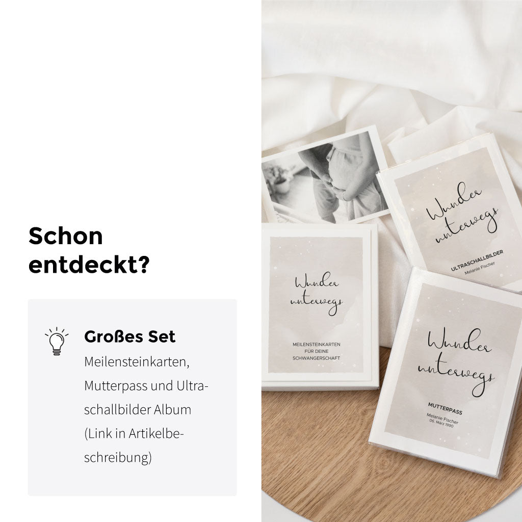 Im gleichen Design ist ein Schwangerschaftsset erhältlich aus Meilensteinkarten, Mutterpass Hülle und Ultraschallbilder Album