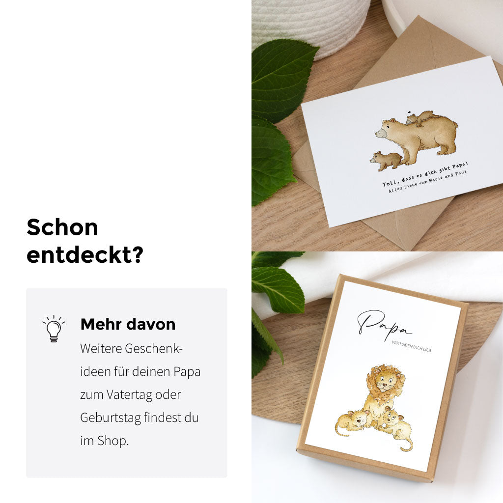 Collage weiterer Geschenkideen zum Vatertag wie eine Bärenkarte und eine Geschenkbox mit dem Löwen Aquarell Motiv.
