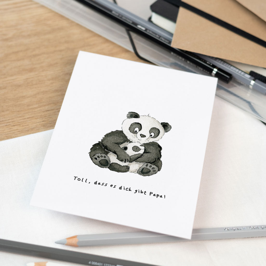 Handgemaltes Aquarell Motiv mit großem und kleinem Panda Bär