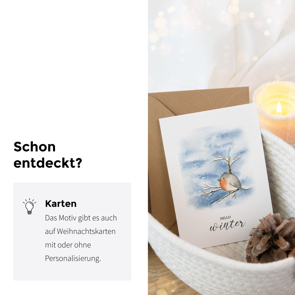 Weihnachtskarte mit Rotkehlchen-Motiv im Aquarellstil – das winterliche Design gibt es auch als passenden runden Aufkleber für Geschenkverpackungen.