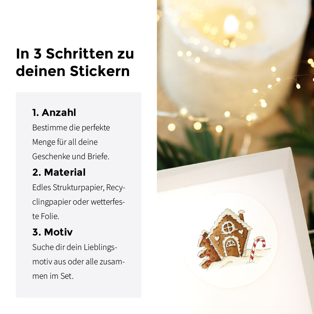 Infografik zeigt in drei einfachen Schritten die Auswahl von Anzahl Material und Motiv der Sticker.