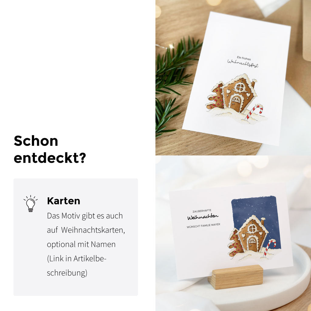 Das Motiv mit dem Lebkuchenhaus gibt es auch auf personalisierbaren Weihnachtskarten