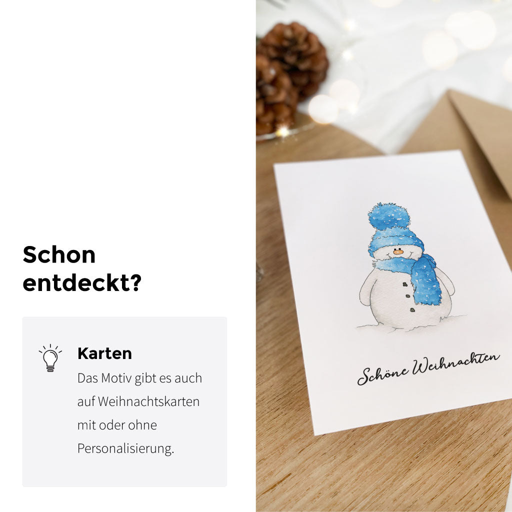 Weihnachtskarte mit handgemaltem Schneemann im Aquarellstil und dem Schriftzug „Schöne Weihnachten“ – liebevolle Ergänzung zur Geschenkverpackung oder als festlicher Gruß.