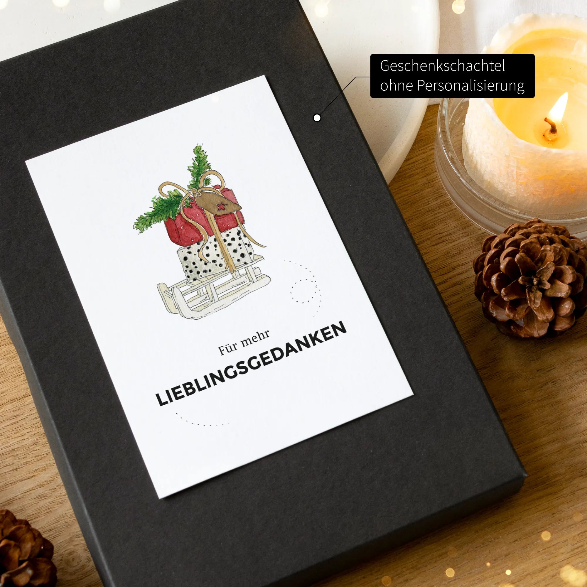 Schwarze Geschenkbox Weihnachten ohne Personalisierung, Aquarell Motiv Schlitten mit Weihnachtsgeschenken, Spruch Lieblingsgedanken