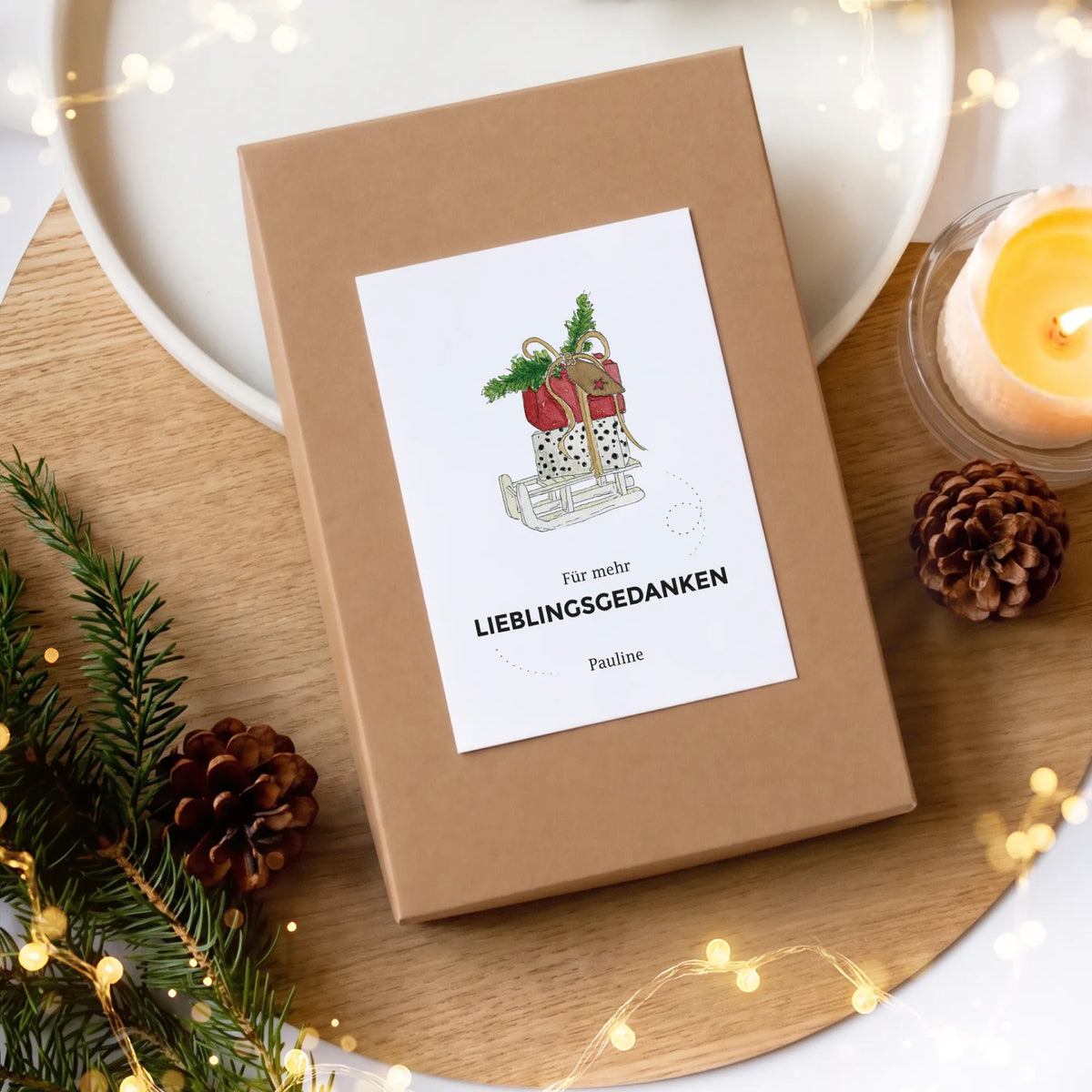 Weihnachts-Geschenkbox mit Aquarell Motiv Schlitten und Spruch Lieblingsgedanken, fertig zum Verschenken, weihnachtliche Dekoration