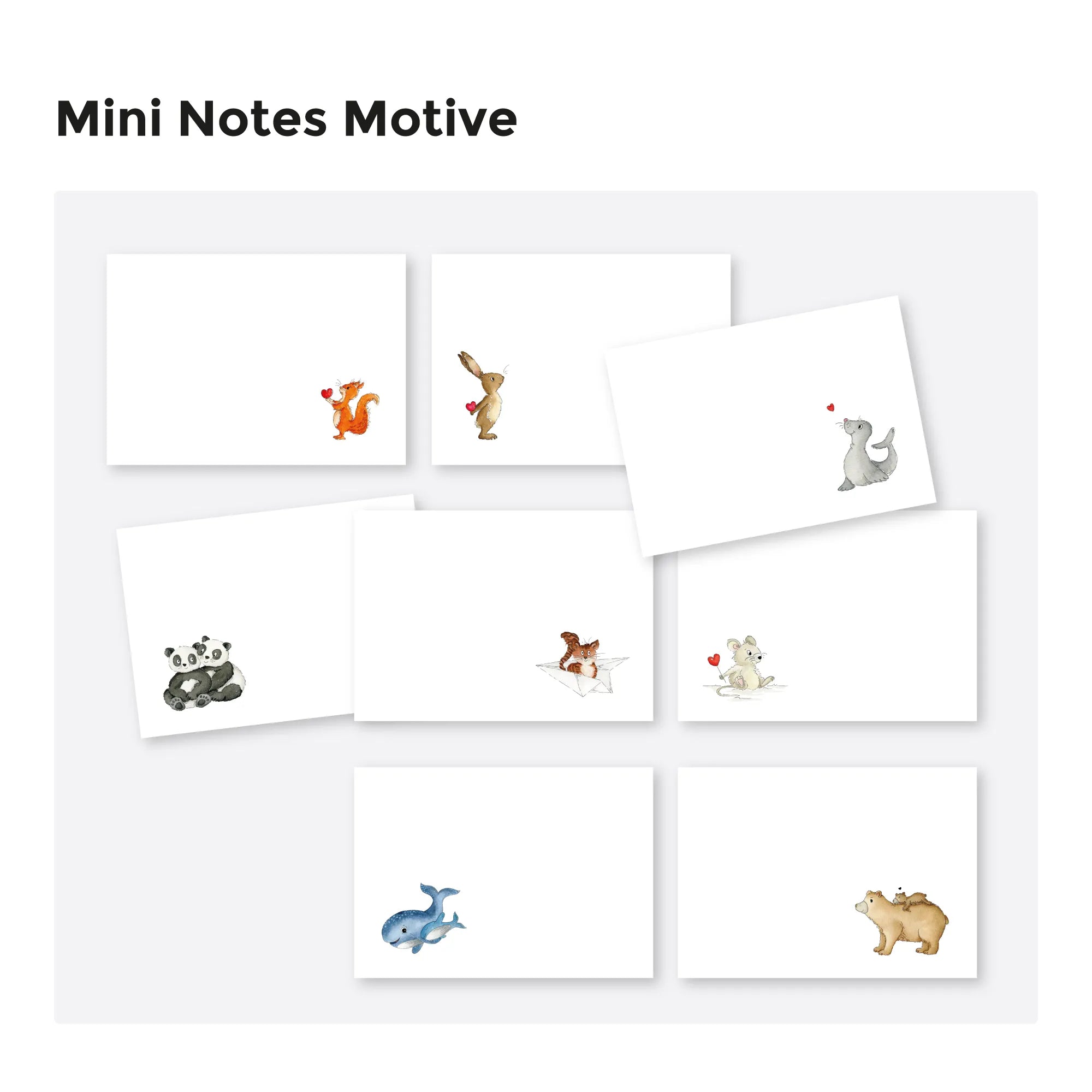 Übersicht aller 7 Aquarell Motiv Designs der 48 Mini Notes: Eichhörnchen, Hase, Robbe, Panda, Katze, Maus, Wal und Bär