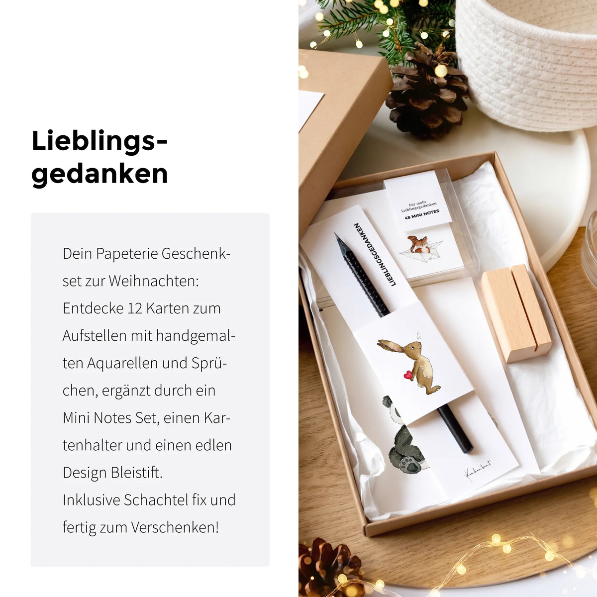 Papeterie Weihnachtsgeschenk-Set geöffnet: 12 Karten mit Aquarell Motiv, Mini Notes, Kartenhalter und Design Bleistift, fix und fertig verpackt