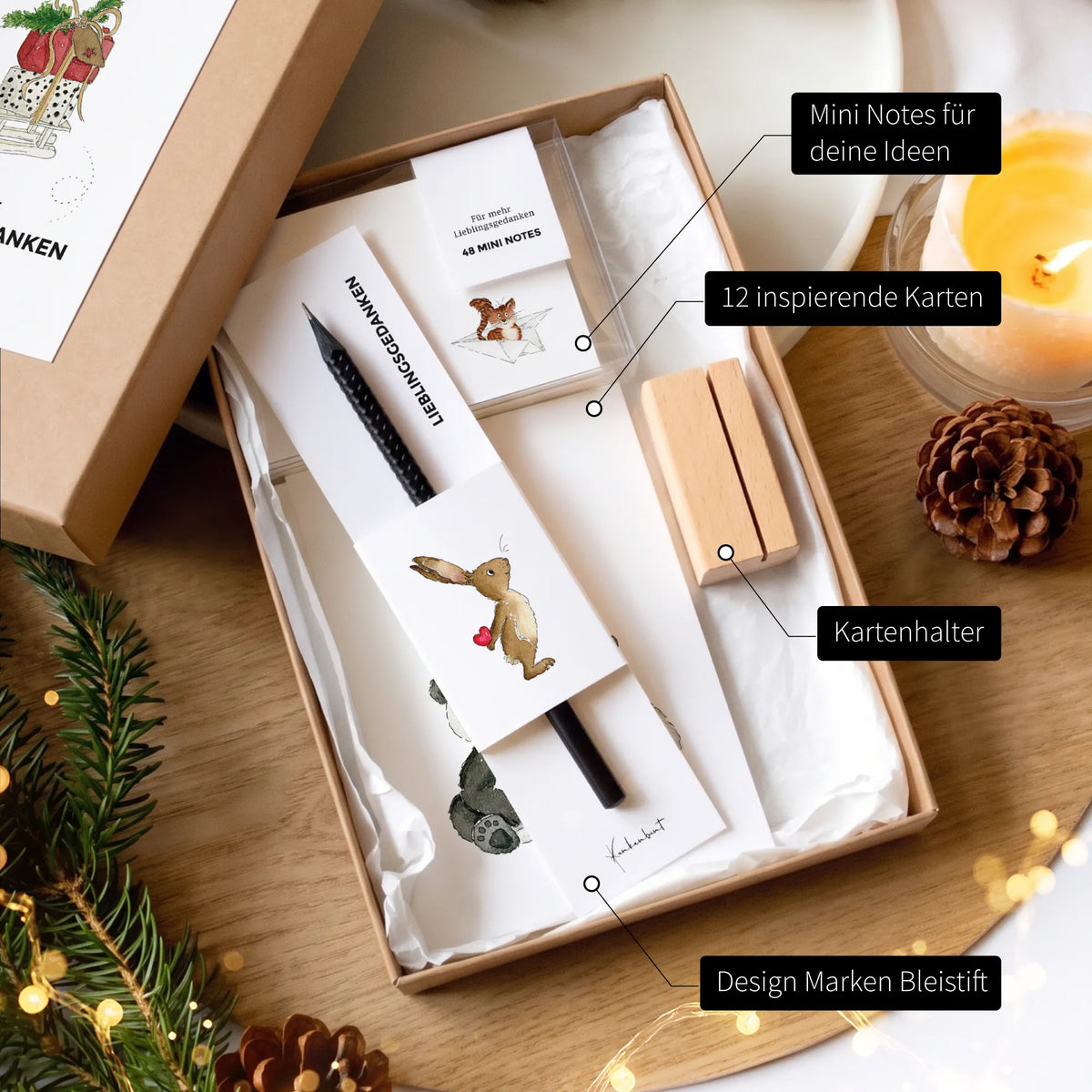 Geöffnetes Weihnachtsgeschenk-Set mit beschrifteten Produkten: 12 Karten mit Aquarell Motiv, 48 Mini Notes, Holz-Kartenhalter, Design Bleistift