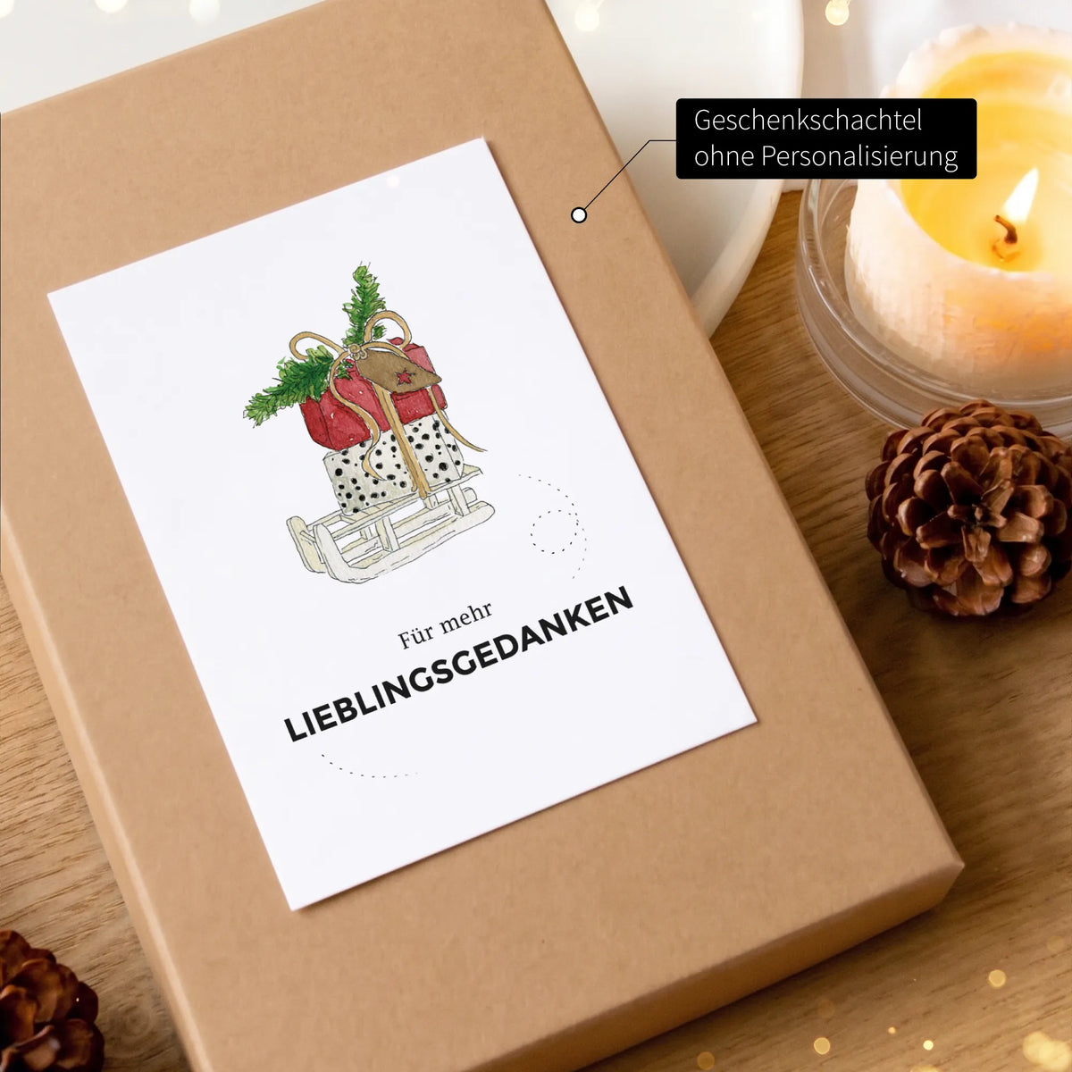 Geschenkbox Weihnachten ohne Personalisierung, Aquarell Motiv Schlitten mit Weihnachtsgeschenken, Spruch Lieblingsgedanken
