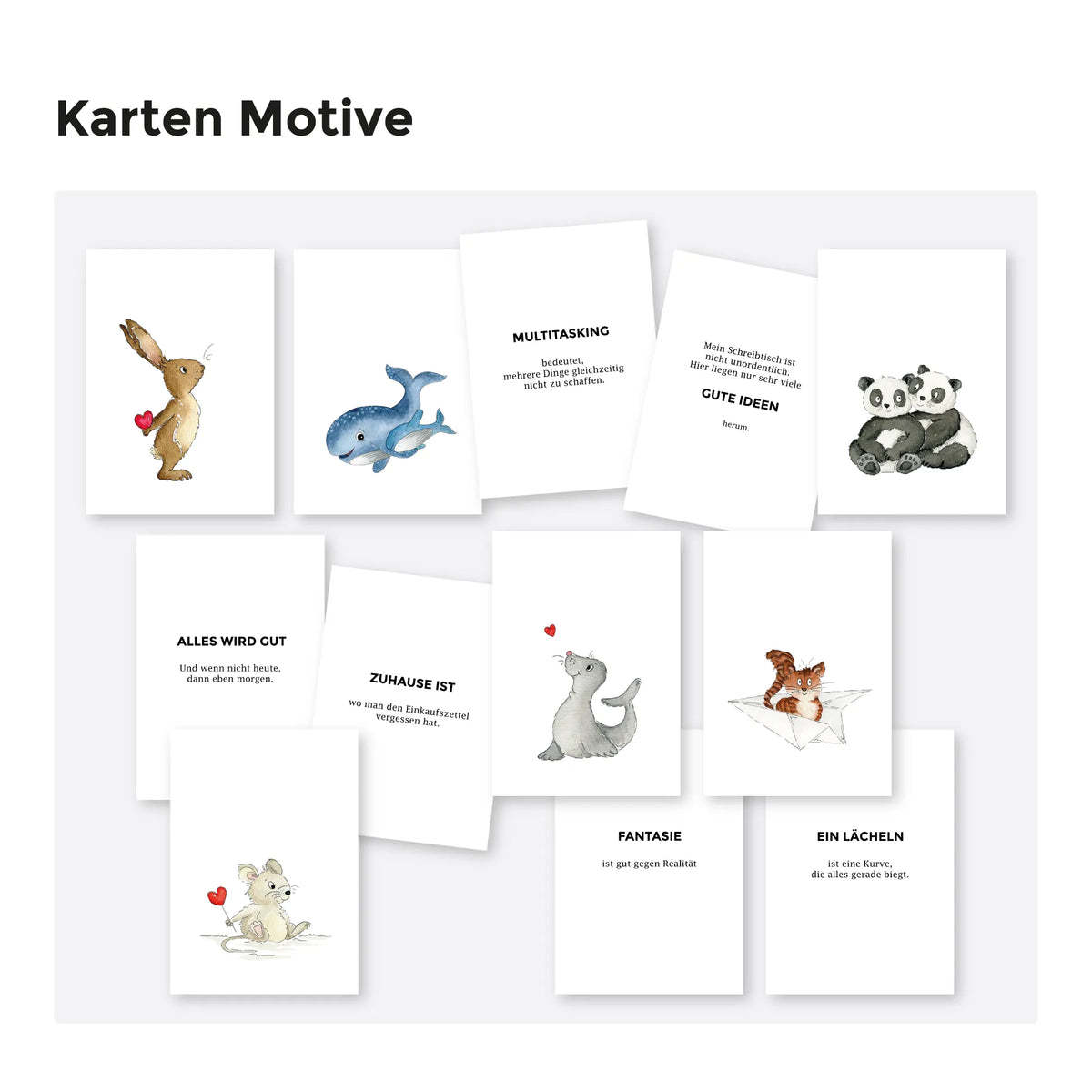 Übersicht aller 12 Karten mit humorvollen Sprüchen und handgemalten Aquarell Motiven aus dem Weihnachtsgeschenk-Set Lieblingsgedanken