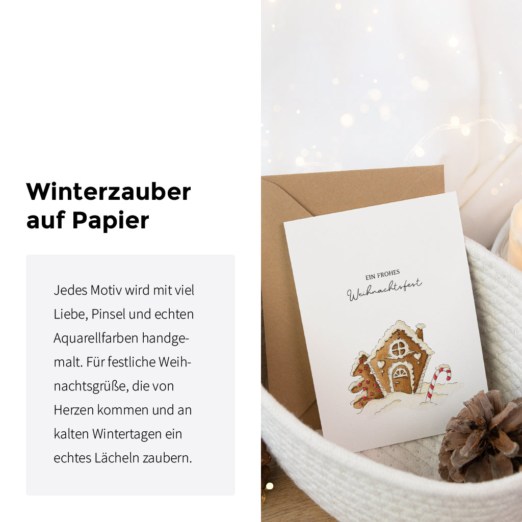 Detailansicht der Weihnachtskarte mit Text Winterzauber auf Papier und Lebkuchenhaus Aquarell Motiv.