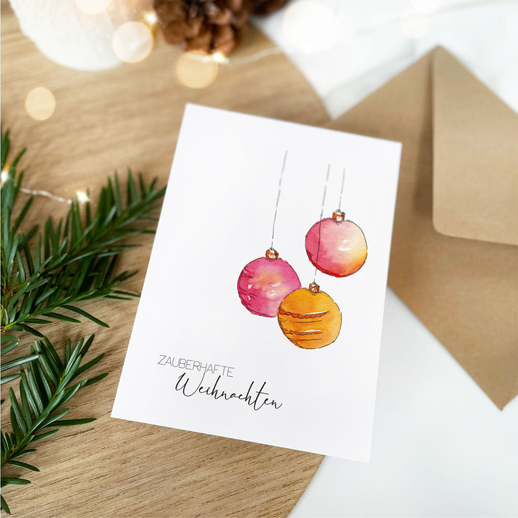 Weihnachtskarte "Zauberhafte Weihnachten" mit  handgemalten Christbaumkugeln