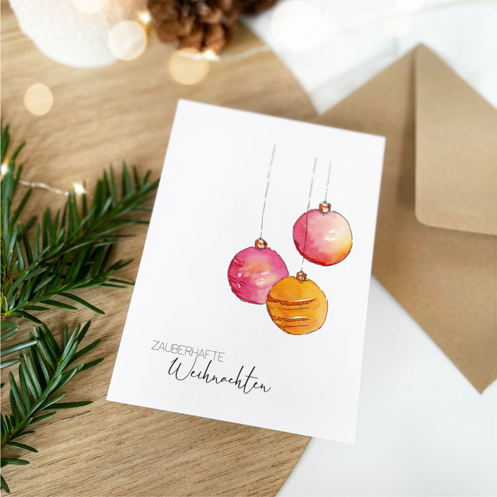 Weihnachtskarte "Zauberhafte Weihnachten" mit Christbaumkugeln