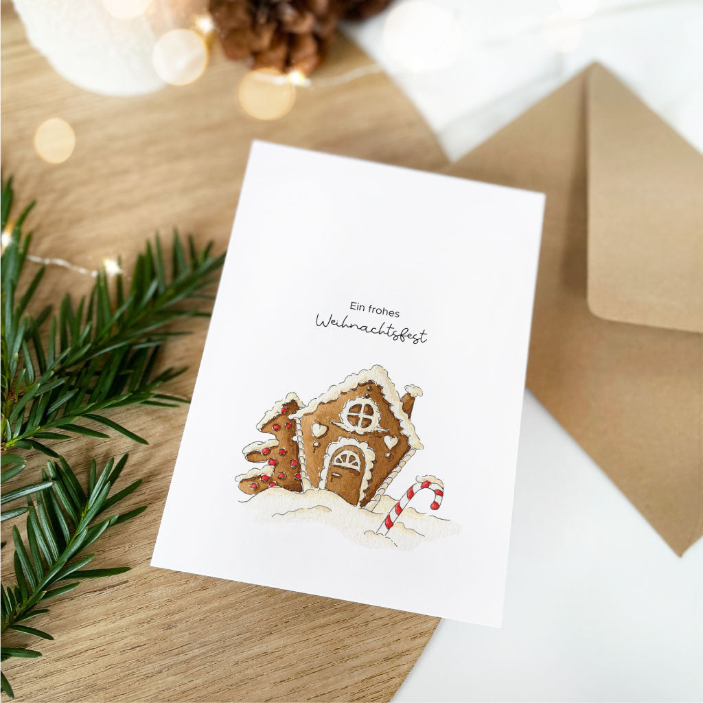 Weihnachtskarte mit Aquarell Motiv Lebkuchenhaus