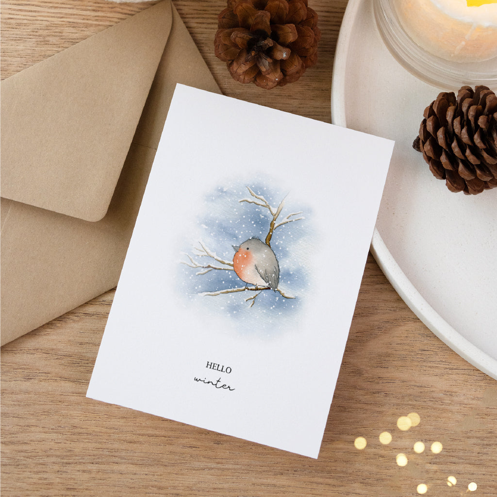 Weihnachtskarte - Hello Winter | Rotkehlchen