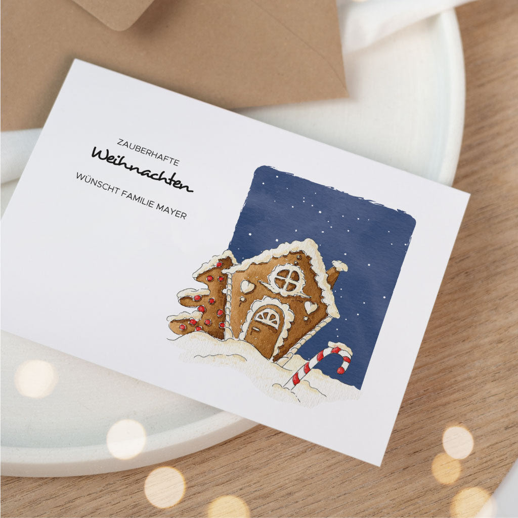 Personalisierbare Weihnachtskarte mit Aquarell Lebkuchenhaus