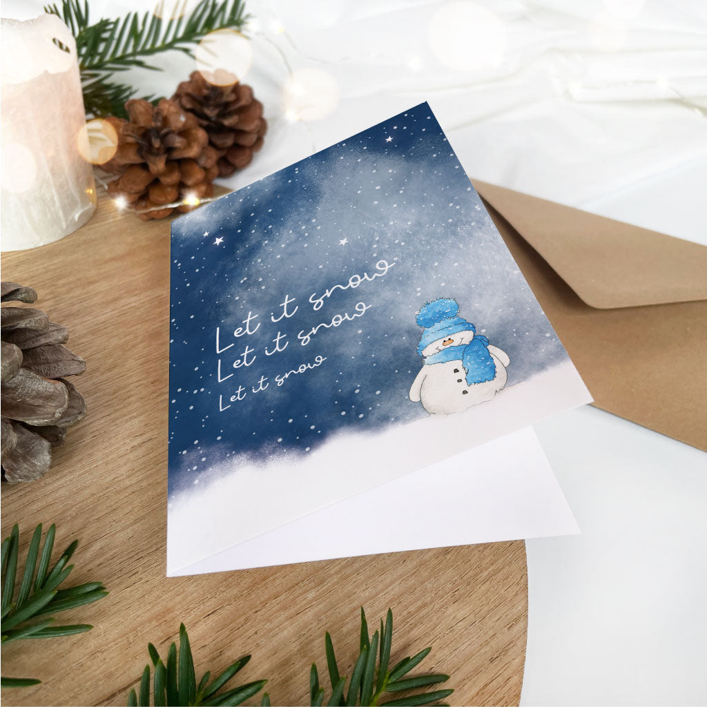 Klappkarte als Grußkarte für Weihnachten und den Advent mit Schnee Motiv und Songtext "Let it snow"