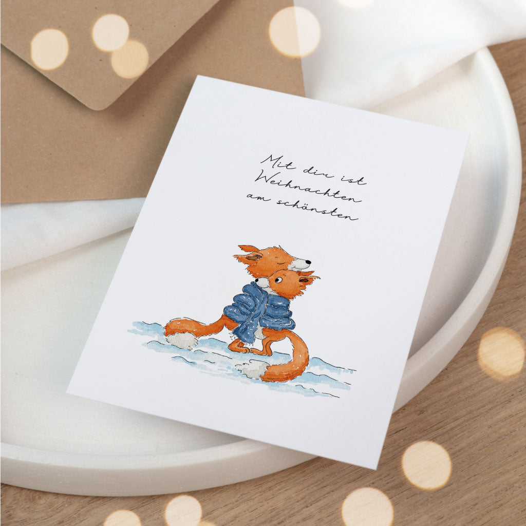 Weihnachtskarte mit Aquarell Füchsen und Schal