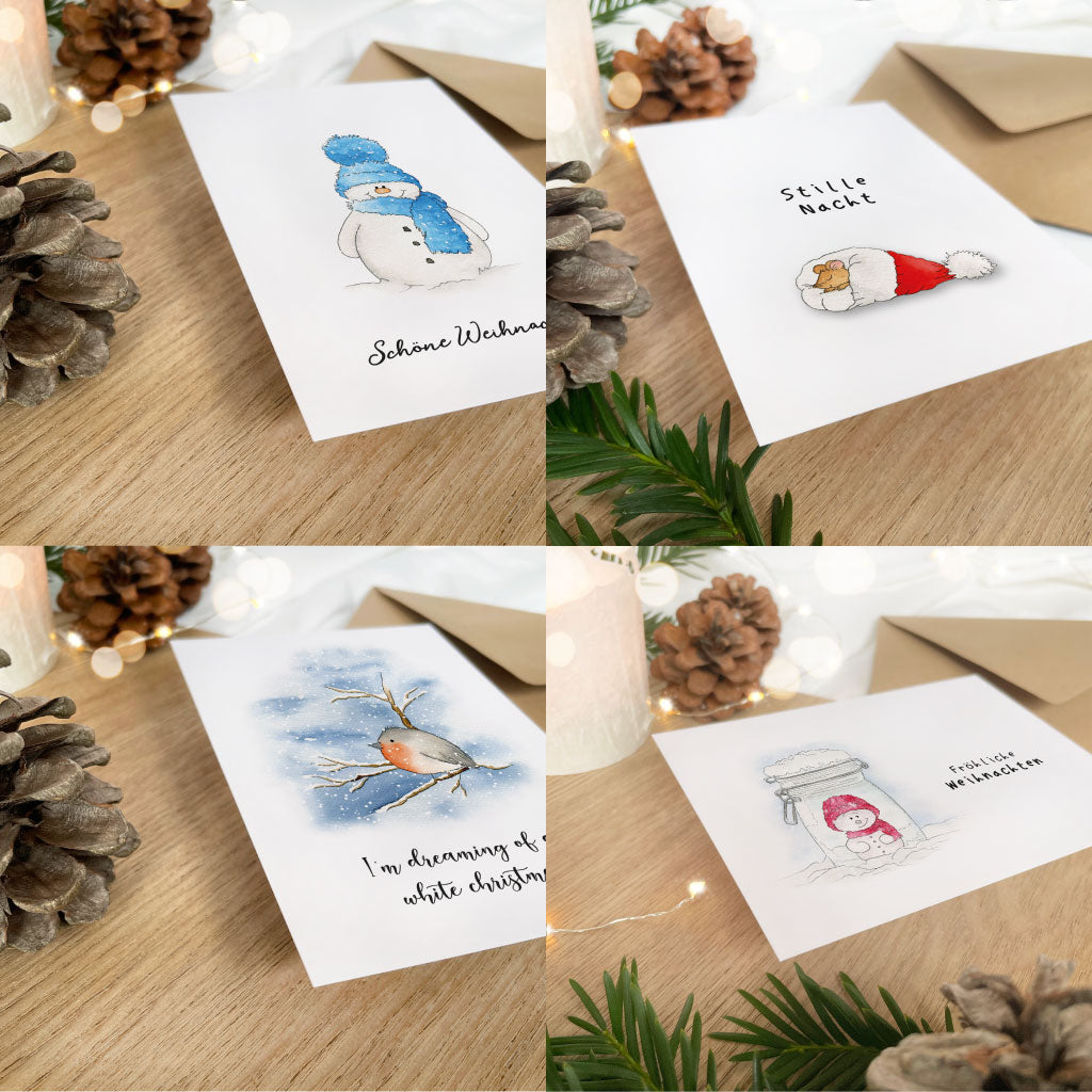 4 teiliges Weihnachtskarten Set mit handgemalten Motiven