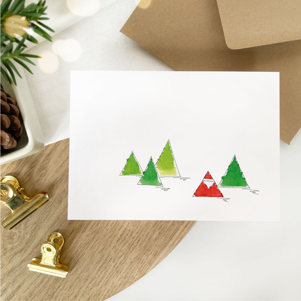Roter Weihnachtsmann und grüne Tannenbäume als minimalistische Umrisse