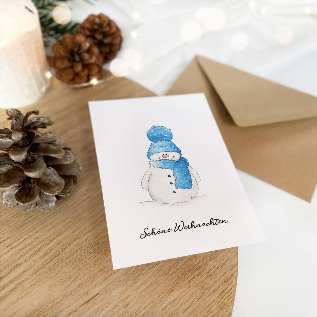 Weihnachtskarte mit Schneemann Aquarell Motiv und Aufdruck "Schöne Weihnachten"