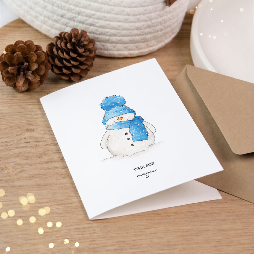 Weihnachtskarte - Time for magic | Schneemann