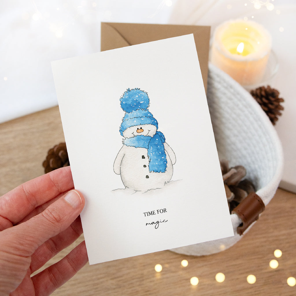 Weihnachtskarte - Time for magic | Schneemann