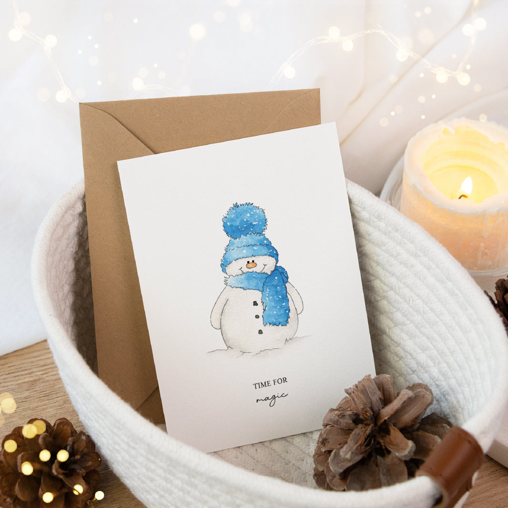 Weihnachtskarte - Time for magic | Schneemann