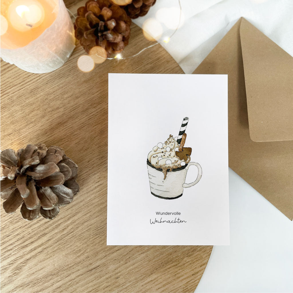Weihnachtskarte "Wundervolle Weihnachten" mit Tasse mit Sahne und Tannenbaum Plätzchen