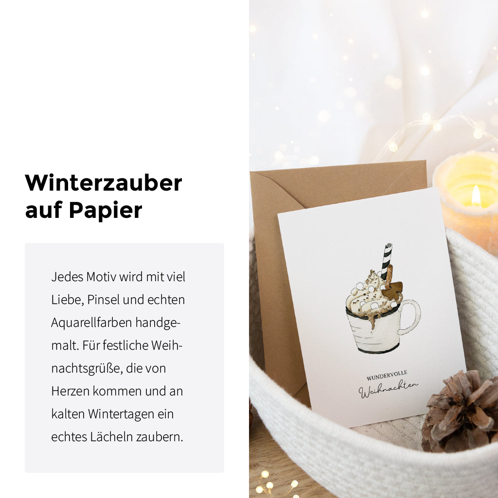 Geteiltes Bild mit Text Winterzauber auf Papier und Weihnachtskarte im Korb mit detailreichem Heißgetränk Aquarell Motiv.