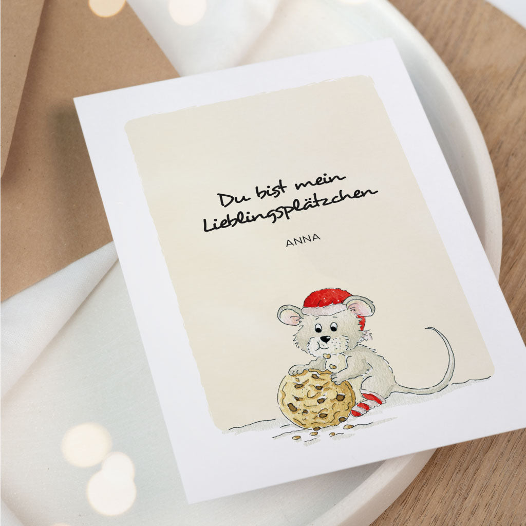 Personalisierbare Weihnachtskarte mit Maus und Plätzchen: Du bist mein Lieblingsplätzchen